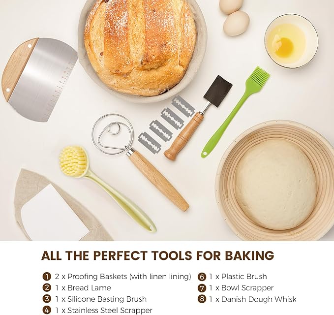 Banneton Bread Proofing Basket - Sourdough Starter Kit Banneton Sourdough Proofing Basket Set of 2, Sourdough Bread Baking Supplies for Making Baking Fermentation (9" Round Set of 2, 6 Accessories)