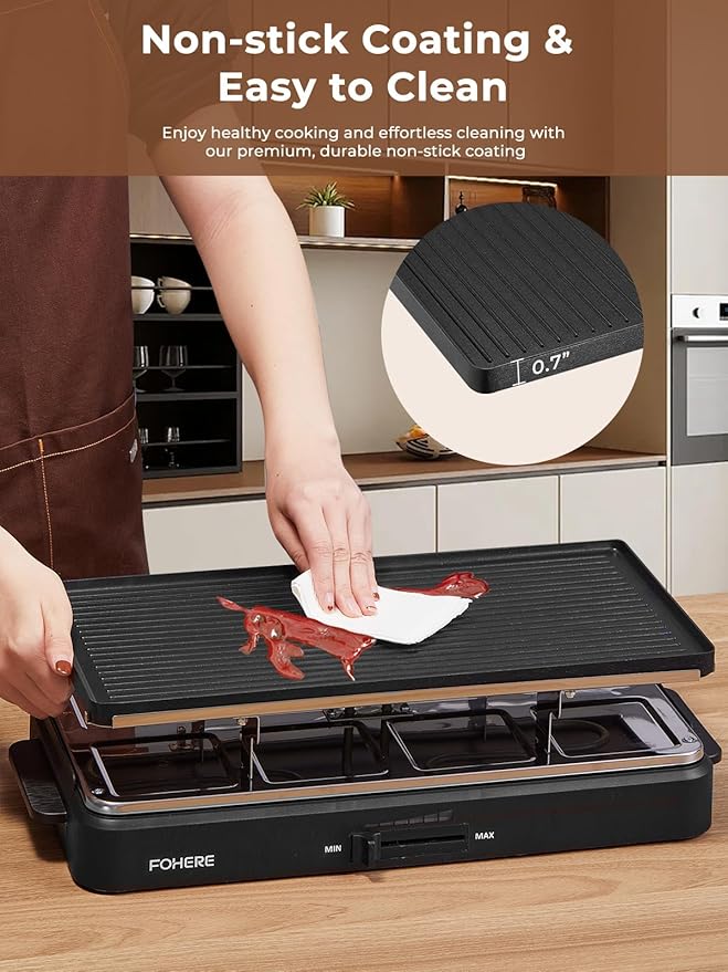 FOHERE Raclette Grill, 2 in 1 Raclette Table Grill Indoor, 1500W Korean BBQ Grill Electric Griddle with Reversible Non-stick plate, Adjustable Temp Control and 8 Paddles for Parties and Family Fun
