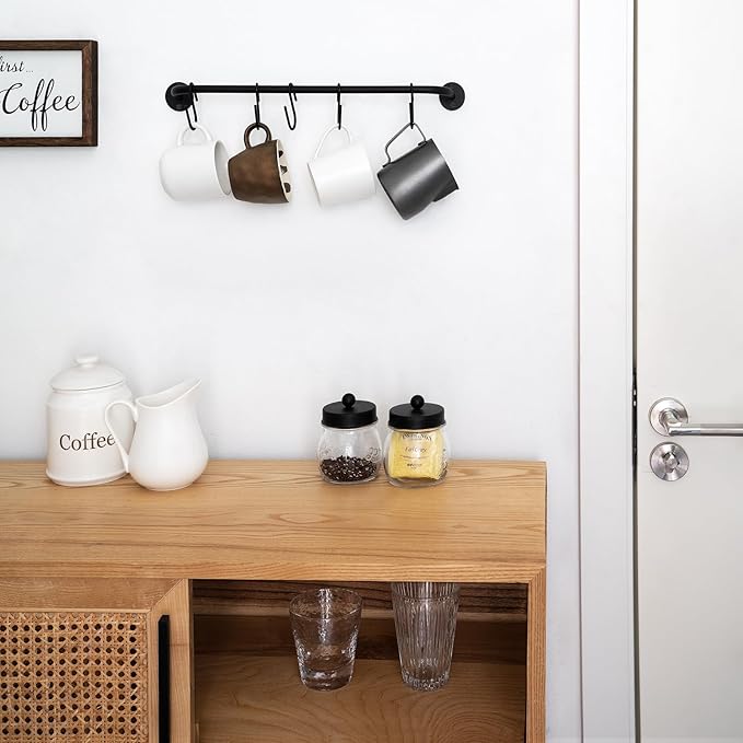 Mkono Mug Holder Wall Mounted Coffee Cup Rack Hanger Modern Metal with 5 Mug Hooks Rustic Utensil Tea Cups Storage Organizer for Kitchen Dining Room Coffee Bar,Black