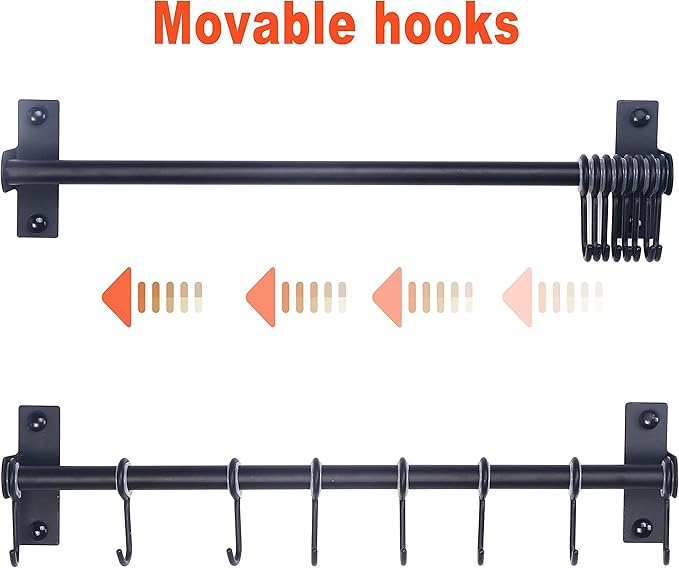 Dseap Pot Rack - Pots and Pans Hanging Rack Rail with 8 Hooks, Double Bars, Pot Hangers for Kitchen, Wall Mounted, Black, Pack of 2