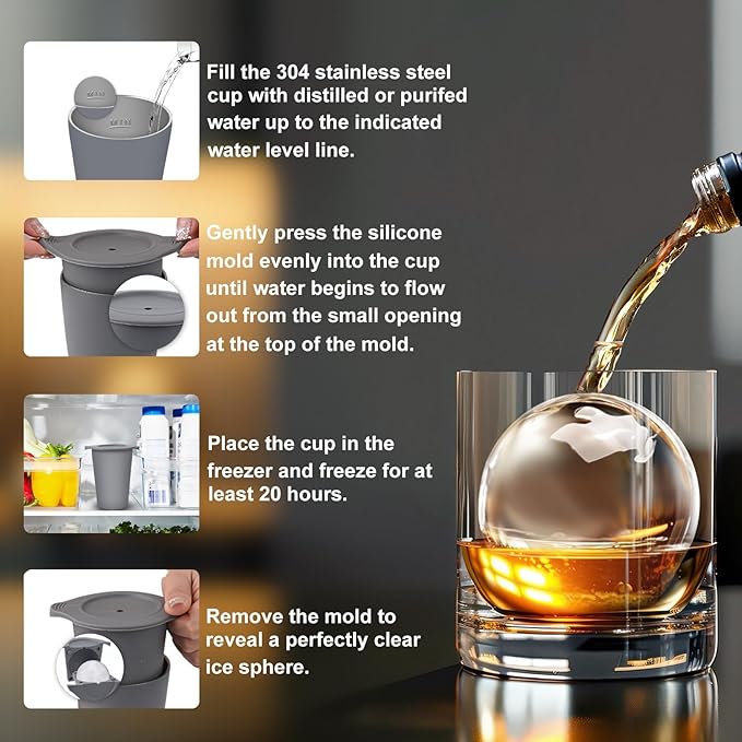 Clear Ice Cube Maker, 2.5" Easy-Release Sphere Ice Maker, Stainless Steel Clear Ice Maker (Gray, 1 PACK)