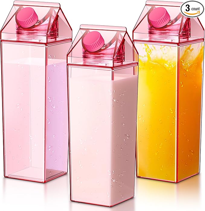 Remerry 3 Pcs Milk Carton Water Bottle Square Plastic Coffee Portable Reusable Milk Carton Cup Leakproof Juice Bottle