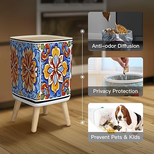Small Trash Can with Lid Mexican talavera ceramic tile pattern Ethnic folk ornament Italian Wastebasket with Press Cover Dog Proof Garbage Can Waste Bin for Kitchen Bathroom Nursery 2.6 Gallon