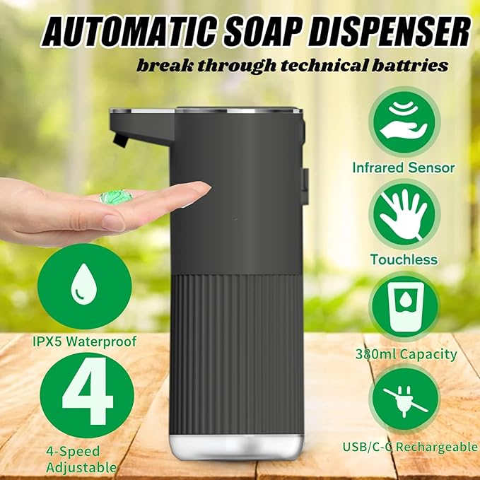 2 Pack Automatic Soap Dispenser, Touchless Foaming Soap Dispenser Bathroom,Upgrade Hand & Dish Electric Dispenser 4-Level Waterproof Wall Mount Kitchen Auto Soap Pump for Thin & Thick Liquid (Black)