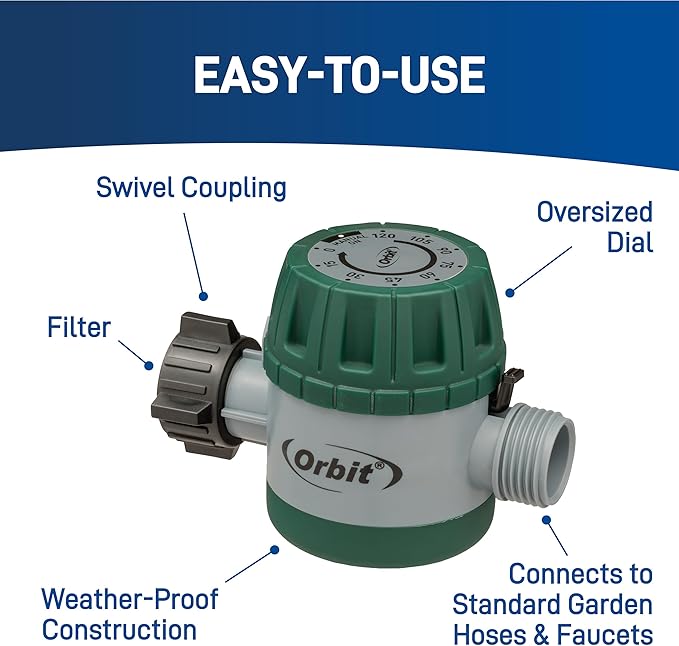Orbit Mechanical Water Timer - Adjustable Irrigation Shutoff for Lawn & Garden Watering - Battery-Free Clockwork Hose Faucet Timer with Easy Grip Dial & Manual Bypass - 62034