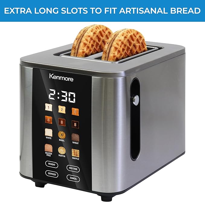 Kenmore 2-Slice Digital Touchscreen Toaster - 900W Stainless Steel, Wide Slots 6 Shade Settings, Bread Presets, Countdown Timer, Reheat & Defrost Functions Compact Countertop Design tostadora digital