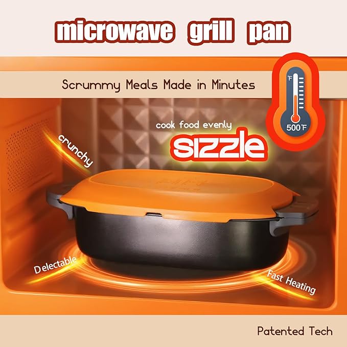 MKYSAIL Quick-Heat Microwave Egg Cooker and 33 OZ Microwave Grill Combo | 2-Piece Breakfast Maker Set for Grilling, Frying, Crisping Meat, Bacon, Pancakes & Veggies | Dishwasher Safe & Non-Stick for Kitchen RV, Dorm, Office(Orange)