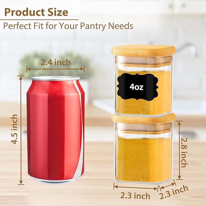 TBWIND 20 Pack 4 oz Square Glass Spice Jars with Lids and Labels – Airtight Small Seasoning Containers Set, Clear Glass Storage Jars for Seasoning, Spices, Kitchen Pantry Organization