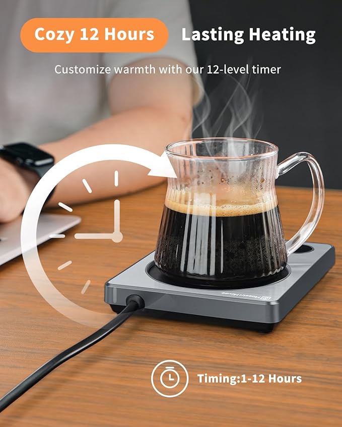 Maestri House ETL Listed Coffee Mug Warmer with 4 Temp Settings & 1-12 Hour Timer, Auto Shut Off for Desk, Smart Electric Beverage Warmer, Candle Melter for Home and Office (Gray)