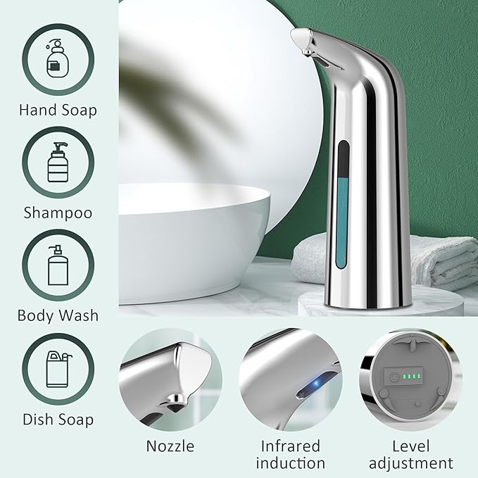 Automatic Soap Dispenser Touchless,400ML Hand & Dish Countertop Electric Liquid Rechargeable Dispenser with Sensor,Modern 4 Gear Adjustable Waterproof Kitchen Auto Soap Pump（Silver）