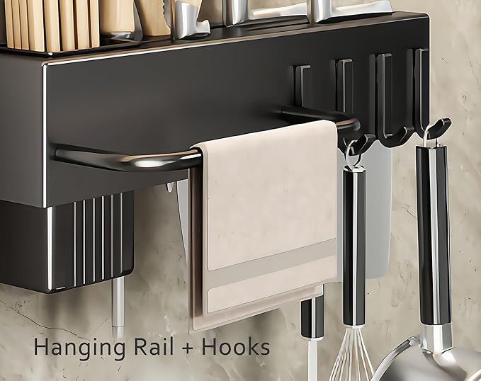 SEIDO Carbon Steel Utensil Rack – Space-Saving 12" L Kitchen Organizer with hooks & hanging bar, Matte Black Knife Holder, 2 Installation Options (Adhesive/Screwed)