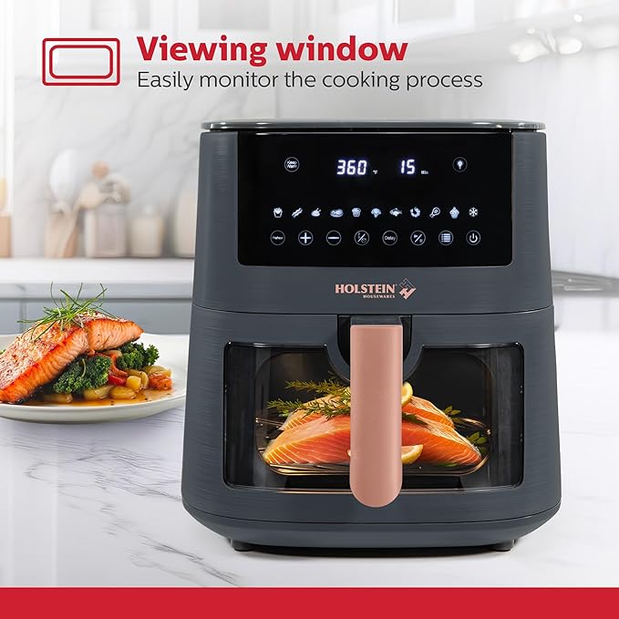 Holstein Housewares 7.6 QT Digital Air Fryer 8-in-1 with Hot Air Technology, Family Size, Viewing Window & Led Display. Air Fry, Bake, Grill, Dehydrate & Roast, Less Oil Use for Healthier Meals