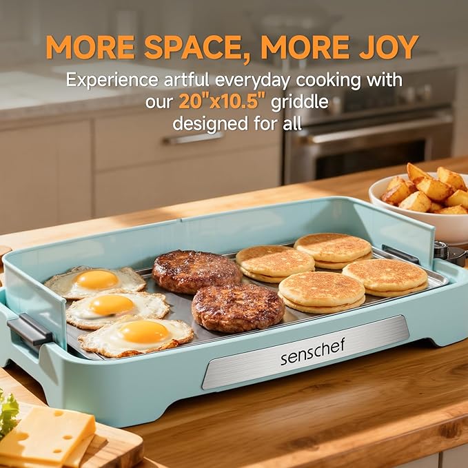 Cleansnap Everyday Electric Griddle,The Ultimate Gift for Family Feasts - 20” Nonstick Grill with Foldable Anti-Mess Shield, Rapid 1700W Heat & PPG Ceramic Coating, Dishwasher Safe, Saga Blue