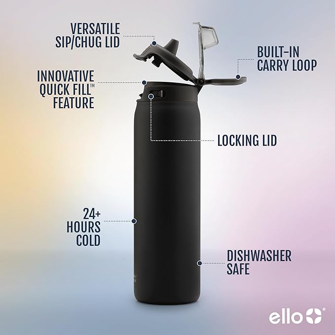 Ello Pop & Fill 22oz Stainless Steel Water Bottle with Quick Fill Technology, Double Walled and Vacuum Insulated Metal, Leak Proof Locking Lid, Sip and Chug, Reusable, BPA Free, Black