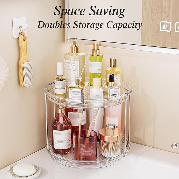 LAMU 3 Pack 10.6'' 2-Tier Lazy Susan Turntable Organizer Rotating Spice Rack Organization for Cabinet, Kitchen, Pantry, Countertop, Bathroom, Vanity, Makeup Organizer, Clear