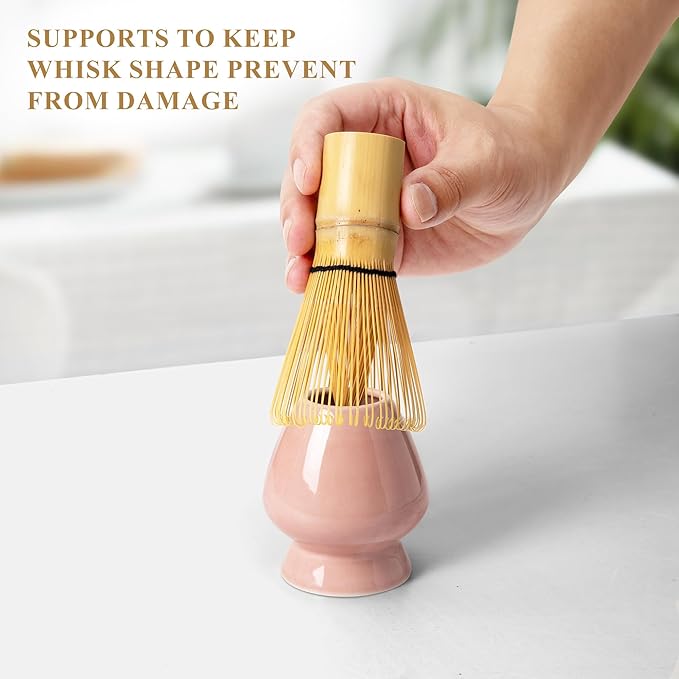 Matcha Whisk Set Pink, Matcha Making Kit Whisk (Chasen Holder), Ceramic Whisk Holder, Bamboo Scoop, Powder Starter Sifter, Spoon Japanese Tea Tools For Ceremony Gift