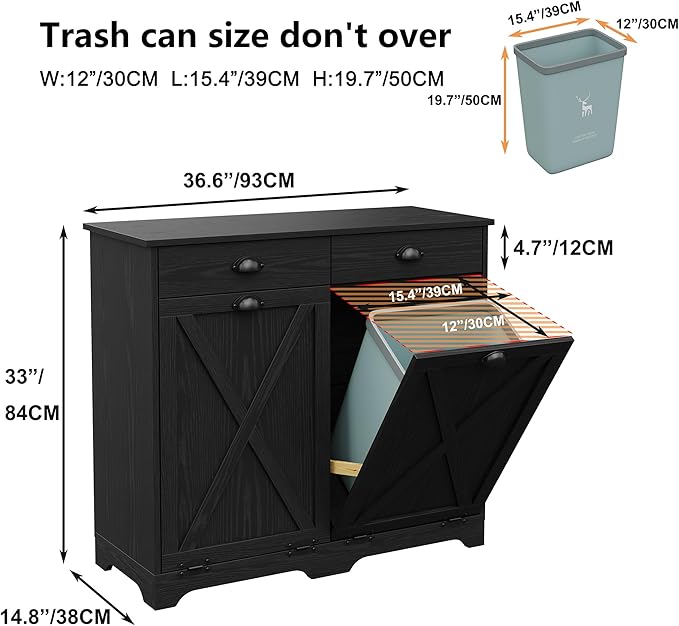 Furniouse Farmhouse Trash Can Cabinet, Double Tilt Out Trash Bin Cabinet with Barn Doors & Hideaway Drawers for Kitchen, All Black