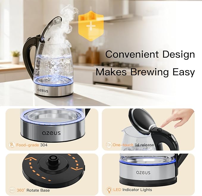 Azeus 1.8L Electric Kettle CX-817 - Fast Boil, Auto Shut-Off, Boil-Dry Protection, 360° Swivel Base - Stainless Steel Water Boiler for Tea, Coffee, and Hot Water