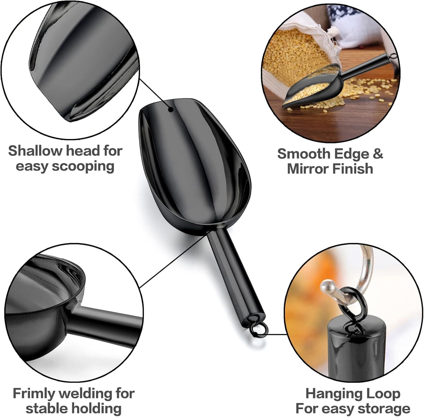 TeamFar 5oz Ice Scoop, Stainless Steel Food Scoop Metal Ice Scooper for Kitchen Bar Party Wedding, Heavy Duty & Sturdy, Easy Storage & Versatile, Mirror Finish & Smooth Edge, Black