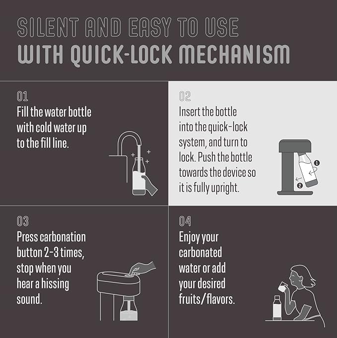 Mysoda Ruby 2 Soda Streaming Machine - Silent and Long-Lasting Aluminium Soda Maker with 1L Water Bottle - Without CO2 Cylinder - Black Silver