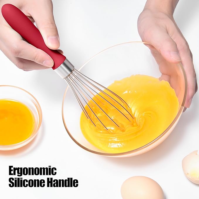 18/8 Stainless Steel Balloon Whisk, Doosu Kitchen Whisk for Cooking Handheld Egg Beater with Rust-Proof Sturdy Wires & Non-Slip Silicone Handle for Beating, Stirring, Blending (6 Wires, Red)