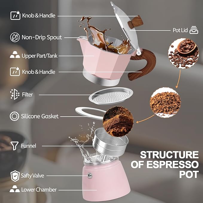 Aluminum 6 Cup 300ml Moka Pot Express Coffee Maker Stovetop Espresso Colorful Coffeemaker Italian Classic Style Brewing Greca Cafe Mocha Machine for Cafeteras Lover Camping Travel and Home Use 10oz