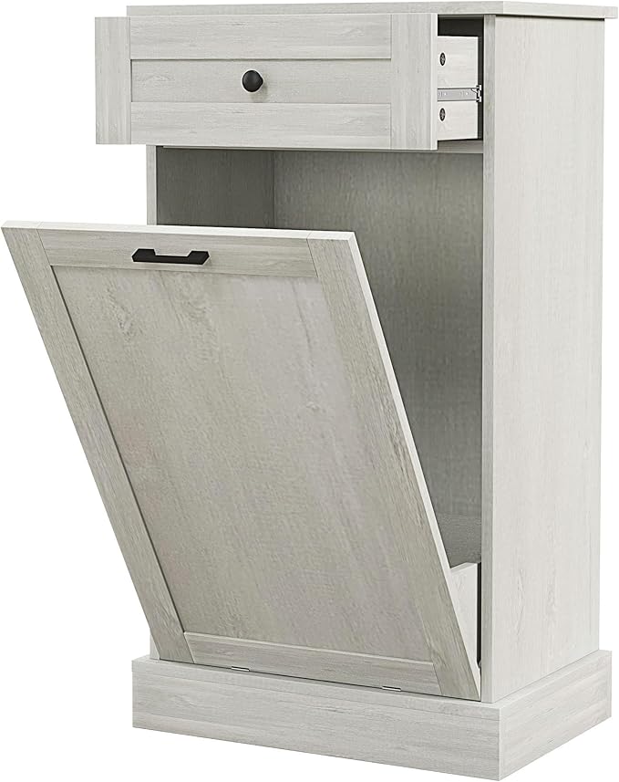 HRVEOCEI Single Tilt Out Trash Can Cabinet for 10 Gallon, Trash Can Holder Cabinet with Drawer, Farmhouse Garbage Cabinets for Kitchen Living Room, Easy to Clean (Gray)