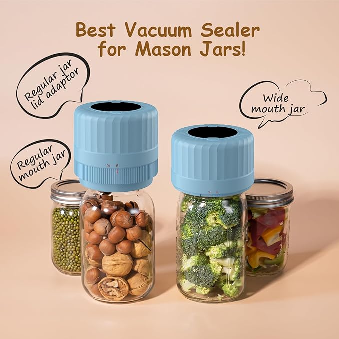 HTPOW Electric Mason Jar Vacuum Sealer - Fully Automatic Mason Jar Vacuum Sealer Kit for All Mason Jars with Regular Lids and Wide Mouth Lids, A Must-Have Tool for Canned Foods/Pantry - Blue