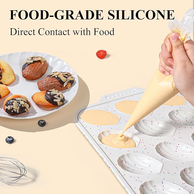 Vinino Silicone Madeleine Pan with Metal Reinforced Frame, 12-Cavity Shell Shape Madeleine Mold with Non-Slip Handle, Nonstick Madeleine Cookie Trays for Oven, BPA Free, Dishwasher Safe- Cream