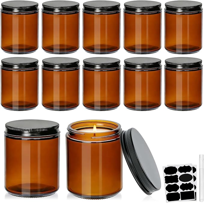 8oz Amber Candle Jars Set of 12,Round Glass Jar with Black Lids,Empty 250ml Glass Candle Making Jar Bulk Thick Small Food Storage Jars for Spice,Candy,Powder