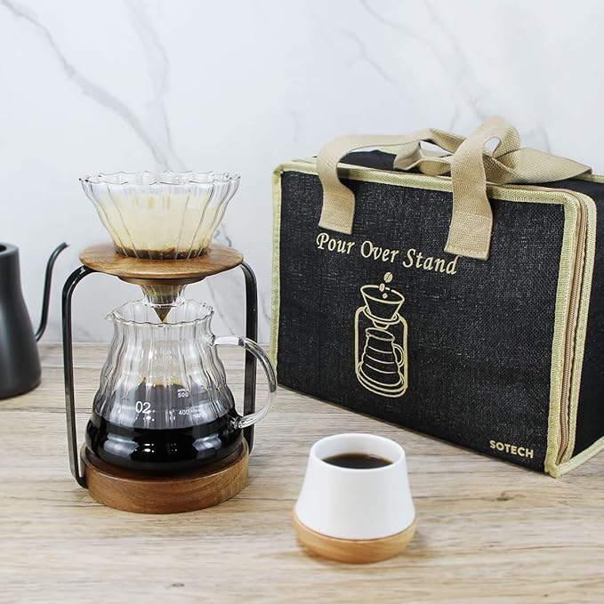 SOTECH Pour Over Coffee Station Dripper Stand Coffee Filter Wooden Filter Holder Glass Server with Paper Coffee Filters, Coffee Maker Stand Set for Coffee Tea and Saffron