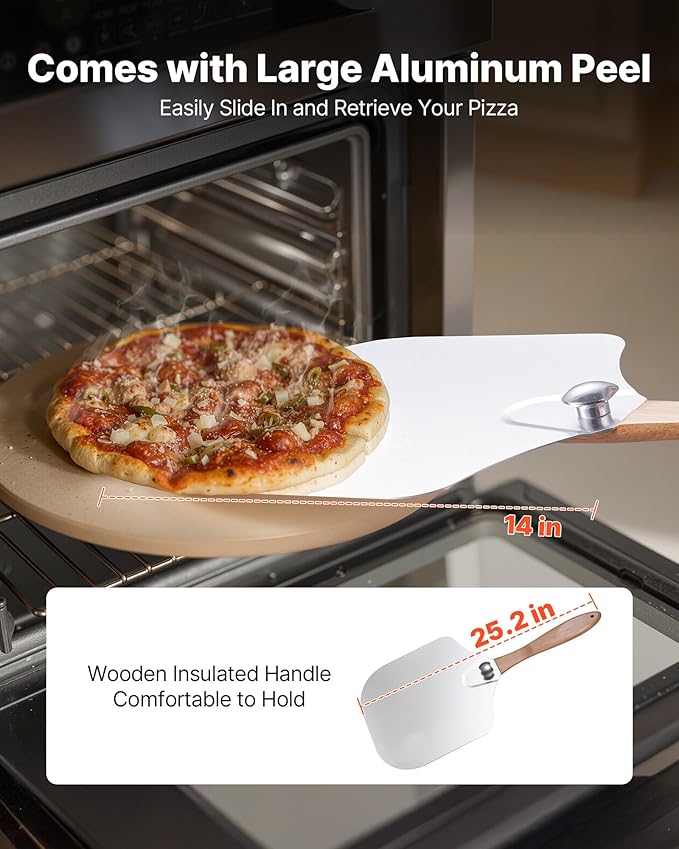 VEVOR Pizza Stone, 15 in Round Pizza Stone, 0.67 in Large Cordierite Baking-Stone with Metal Peel, Scrape, 1450℉ Heat-Resistant Cooking Stones, for Kitchen Oven, Baking Pizzas, BBQ Grill