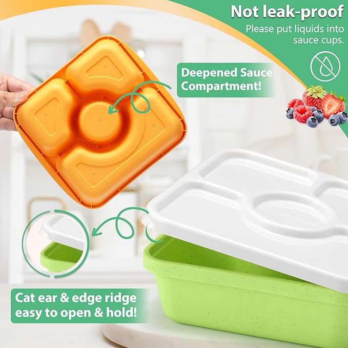 QQKO Bento Snack Box Containers for Adults Kids, 4 Pack Lunchable Meal Prep Containers Reusable, Stackable Bento Lunch Box, Food Storage Prep Containers with 4 Sauce Cups, Jewel Color, White Lid