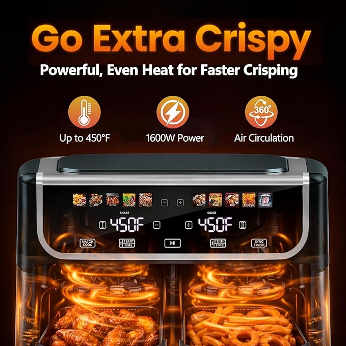 Simple Deluxe 9.5-Qt Dual Basket Air Fryer, 10-in-1 Digital Preset 1700W Airfryer, Sync Cook, Independent Temp Control, Shake Reminder, Nonstick Basket, Grey