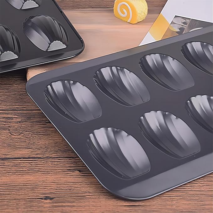 Madeleine Pans for Baking (2-Pack) 12 cup Madlen Mold Makes Shell Shape Cake Cookies Nonstick Carbon Steel Madeline Tray for Oven Black