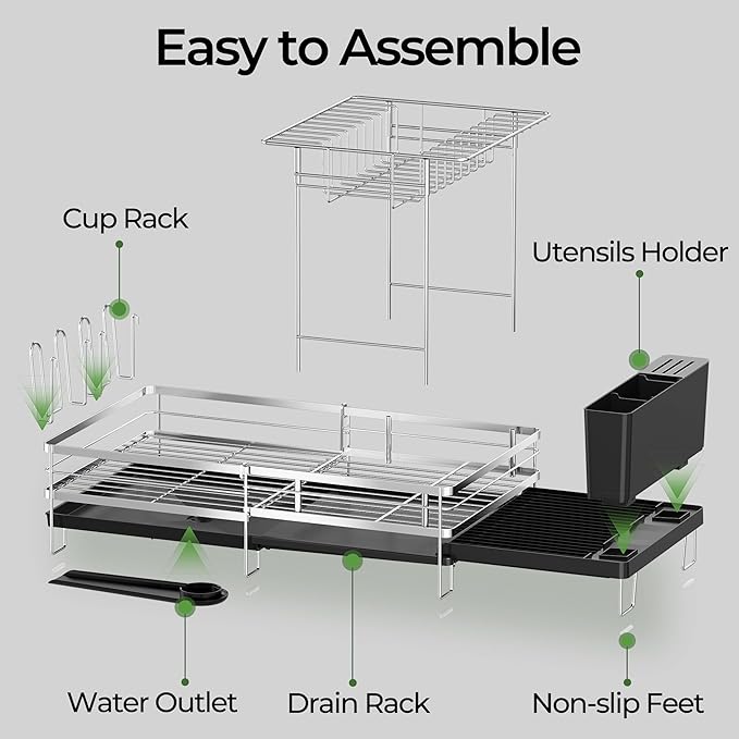 Large 2 Tier Dish Drying Rack, Extendable Dish Rack, Stainless Steel Anti-Rust Dish Rack for Kitchen Counter, Multifunctional Dish Drainer with Utensil & Cup Holder, 13.4"-28.7" L x 11.8" W