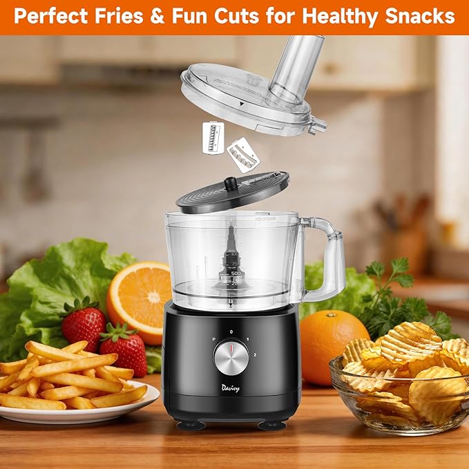 Davivy 7-Cup Food Processor with Built-in Storage Drawer | 600W Motor, 10-Blade Set for French Fries, Wavy Slicing, Dough Kneading | 3-Speed Compact Chopper for Home Kitchen Meal Prep, Black