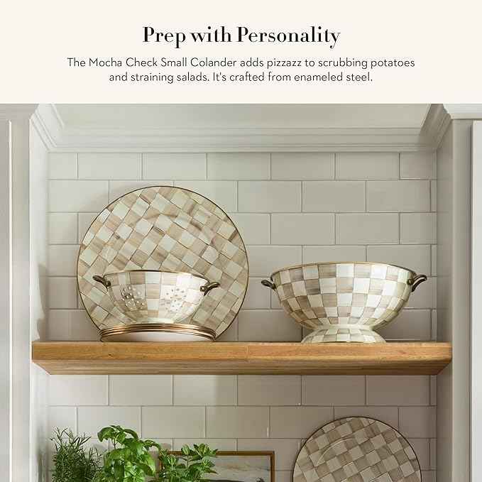 MACKENZIE-CHILDS Enamel Colander, Decorative Kitchen Strainer, Small, Brown-and-White Mocha Check