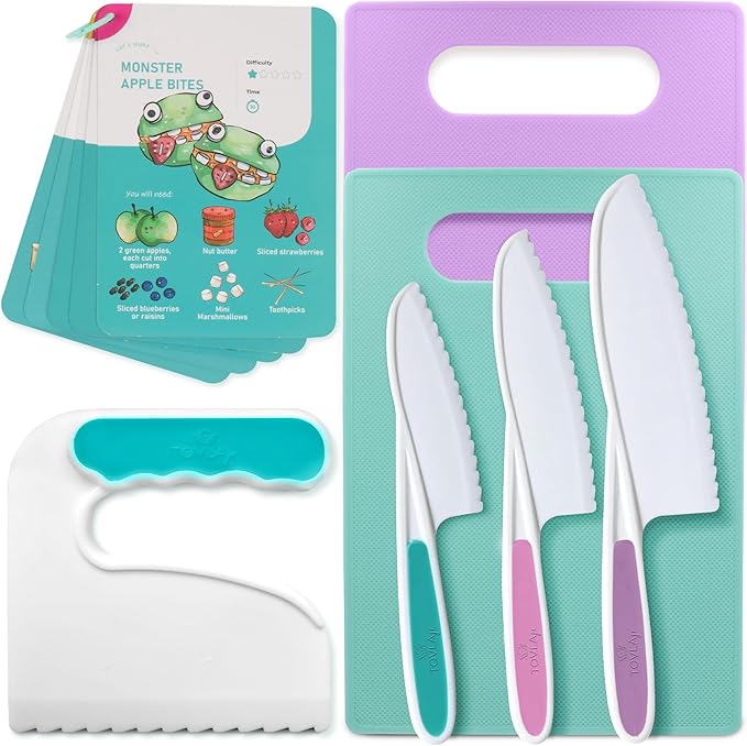 Tovla Jr Kids Safe Knife Set for Real Cooking | Toddler Knife Set with Chopper and Cutting Boards | Montessori Kitchen Tools with Visual Recipe Booklet | Ages 4 to 10