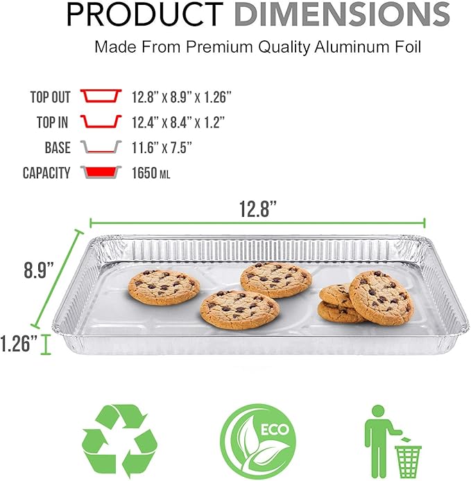 (25 Pack) 1/4 Size Cookie Sheet Baking Cake Pans l 12.8” x 8.9” Disposable Aluminum Foil Trays l Premium Heavy Duty Nonstick Baking Sheets Reusable