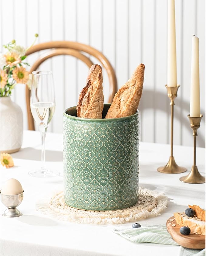 Kitchen Utensil Holder, 6x7 inch Large Ceramic Utensil Holder with Embossed Pattern, Cooking Utensil Crocks for Kitchen Countertop, Home Decor, Forest Green