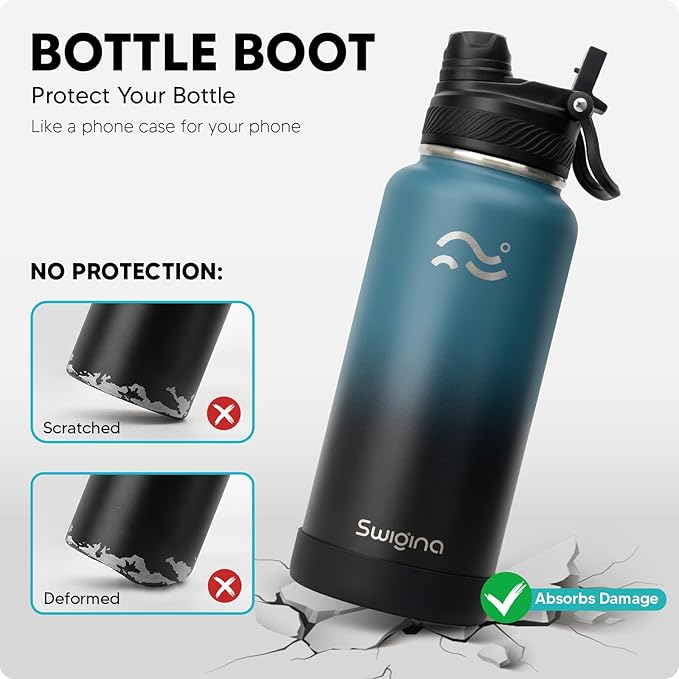 Swigina [2-IN-1 LID] Insulated Water Bottle with Silicone Boot (36hrs Cold/18hrs Hot) - DIY Stickers, Leakproof, BPA Free, 32 oz