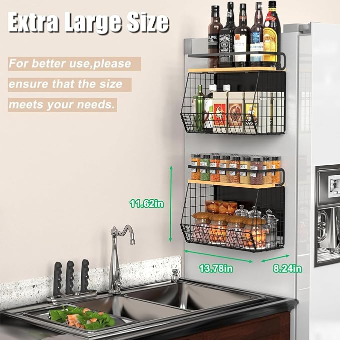 Magnetic Shelf for Fridge with Wood Lid, Fruit Potato & Onion Storage Bins, Magnetic Spice Rack for Refrigerator Pantry Organizer & Storage, Large Container for Refrigerator, Kitchen Counter & Laundry