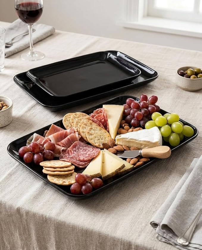 DELLING Large Serving Platter Set of 3, 16/14/12 Inch Porcelain Serving Trays for Party - Black Ceramic Rectangular Platters for Entertaining,Platter for Thanksgiving Christmas, Dishwasher Oven Safe
