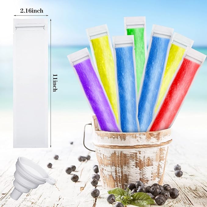 Shappy 450 Pcs Disposable Ice Pop Mold Bags with 3 Silicone Funnels Freezer Tubes with Zipper Seals DIY Ice Pop Bags Bulk for Yogurt Healthy Snacks Juice Fruit Smoothies(11 x 2.16 Inch)