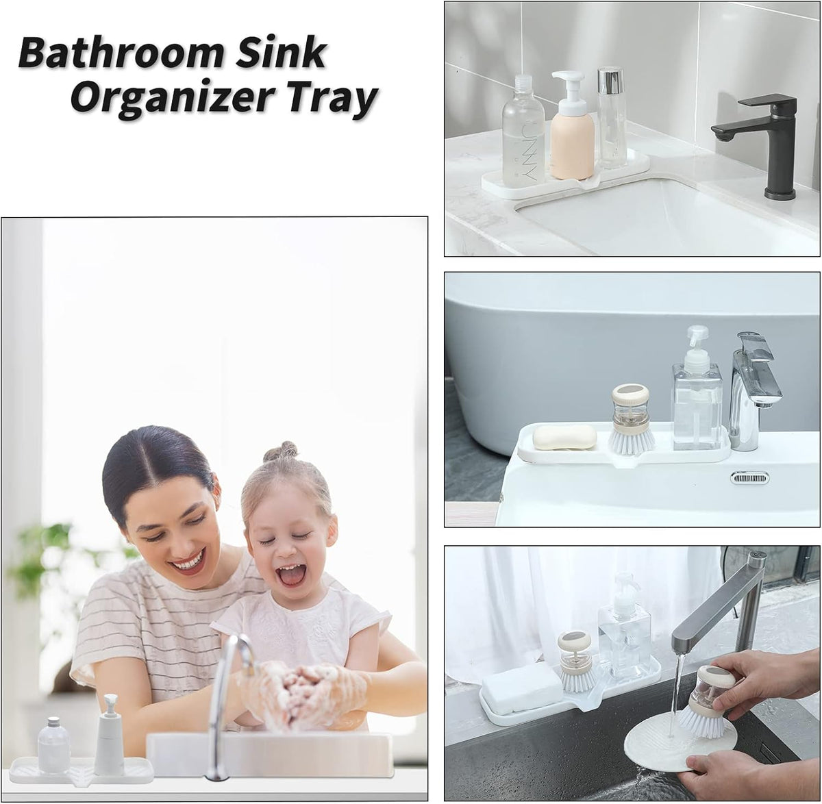 Silicone Bathroom Soap Dishes with Drain Spout-Bathroom and Kitchen Sink Organizer,Sponge Holder,Dish Soap Tray,Perfect for Dispenser,Scrubber,Bottle,Cup on Sink or Counter-White 12"×4"