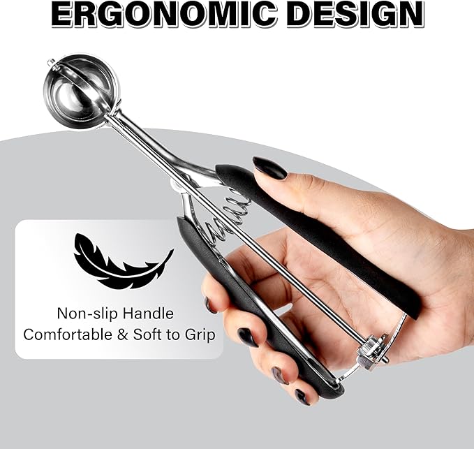 Cookie Scoop 1 Tbsp, TJ POP Professional Stainless Steel Ice Cream Scoop 35 mm, Good Soft Grips, Quick Trigger Release