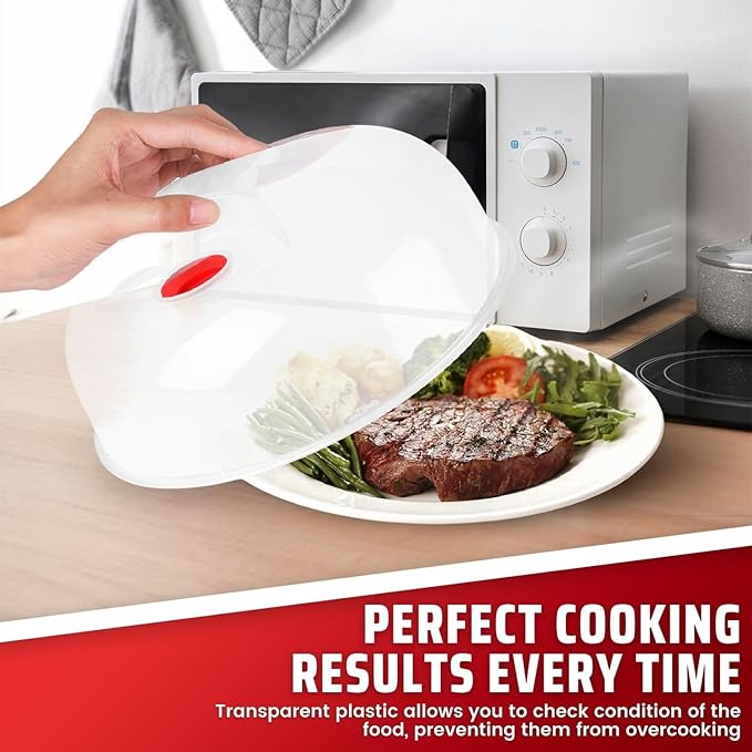 Flexzion 10 Inch Small Microwave Splatter Cover - BPA-Free Anti-Splatter Microwave Cover with Adjustable Steam Vent, Dishwasher Safe, Transparent Plastic Food Covers for Microwave Cooking