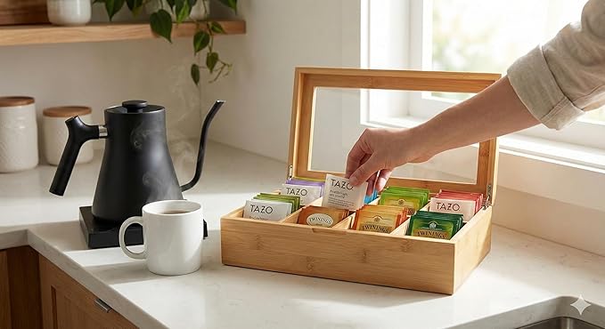 Acacia Wood and Bamboo Tea Bag Organizer - 4 & 8 Compartment Tea Box for Countertop - Tea Station & Coffee Bar Accessories - Fits Large & Craft Tea Bags (Bamboo, 8 Compartment)