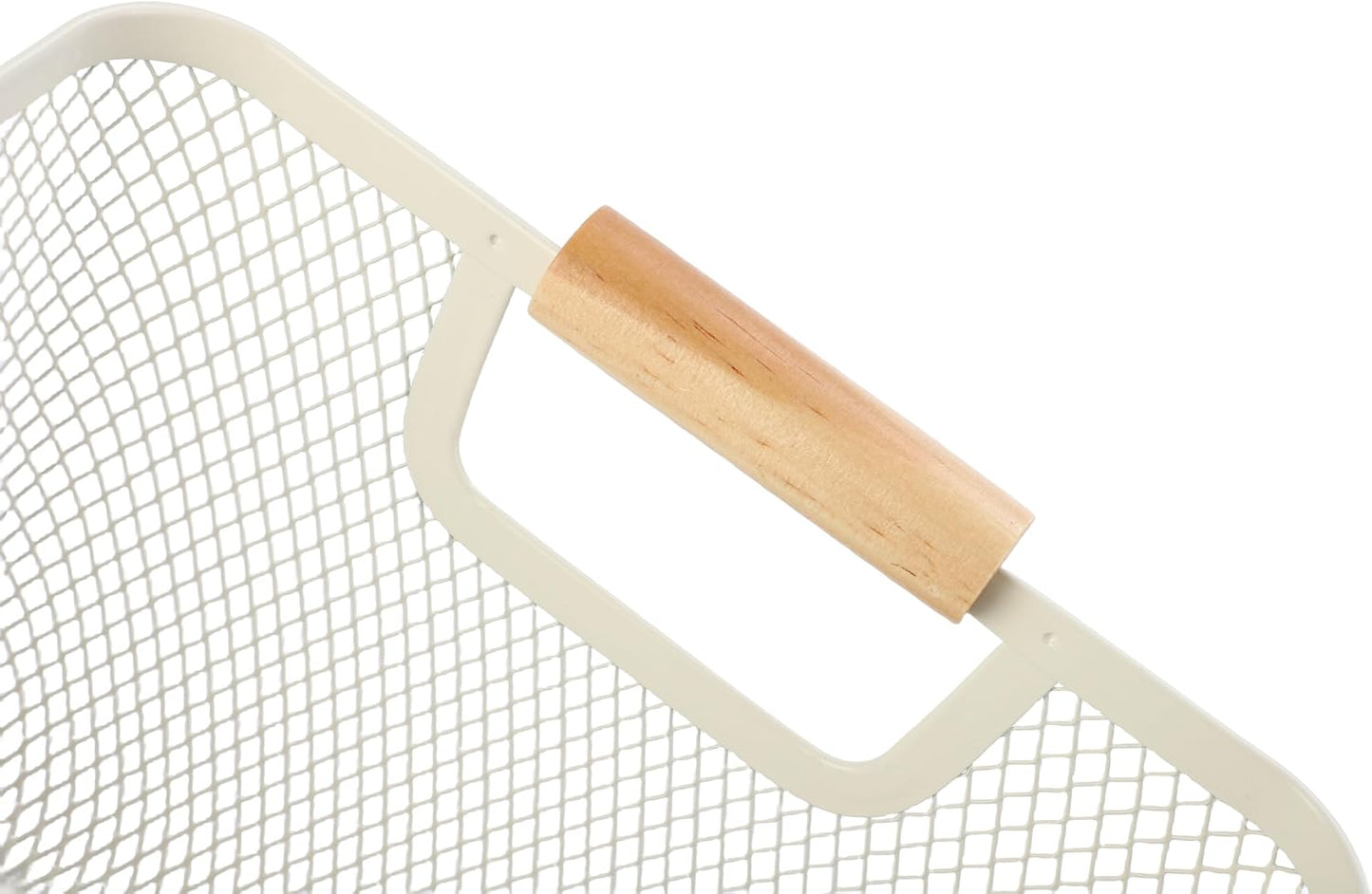 Metal Mesh Steel Basket, Large Wire Storage Organizer Basket Multi-function Hanging Kitchen Baskets with Wood Handle for Kitchen Bathroom Picnic Home, Rectangle-Off White